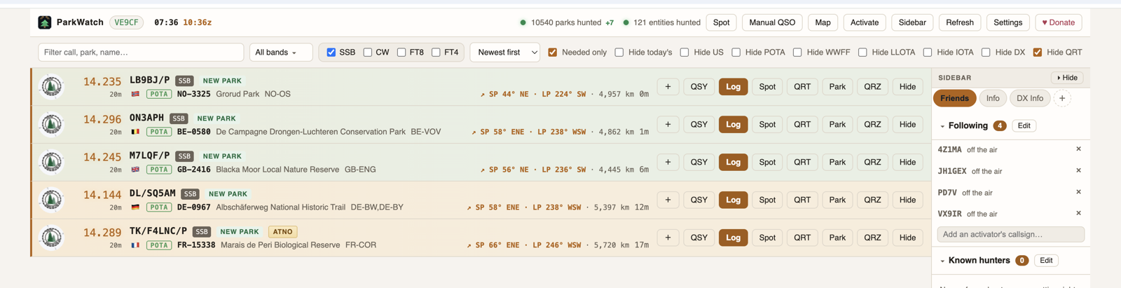 The ParkWatch spot list: park activations flagged NEW PARK and ATNO, rows tinted green to amber by age, with the Following and Known hunters sidebar